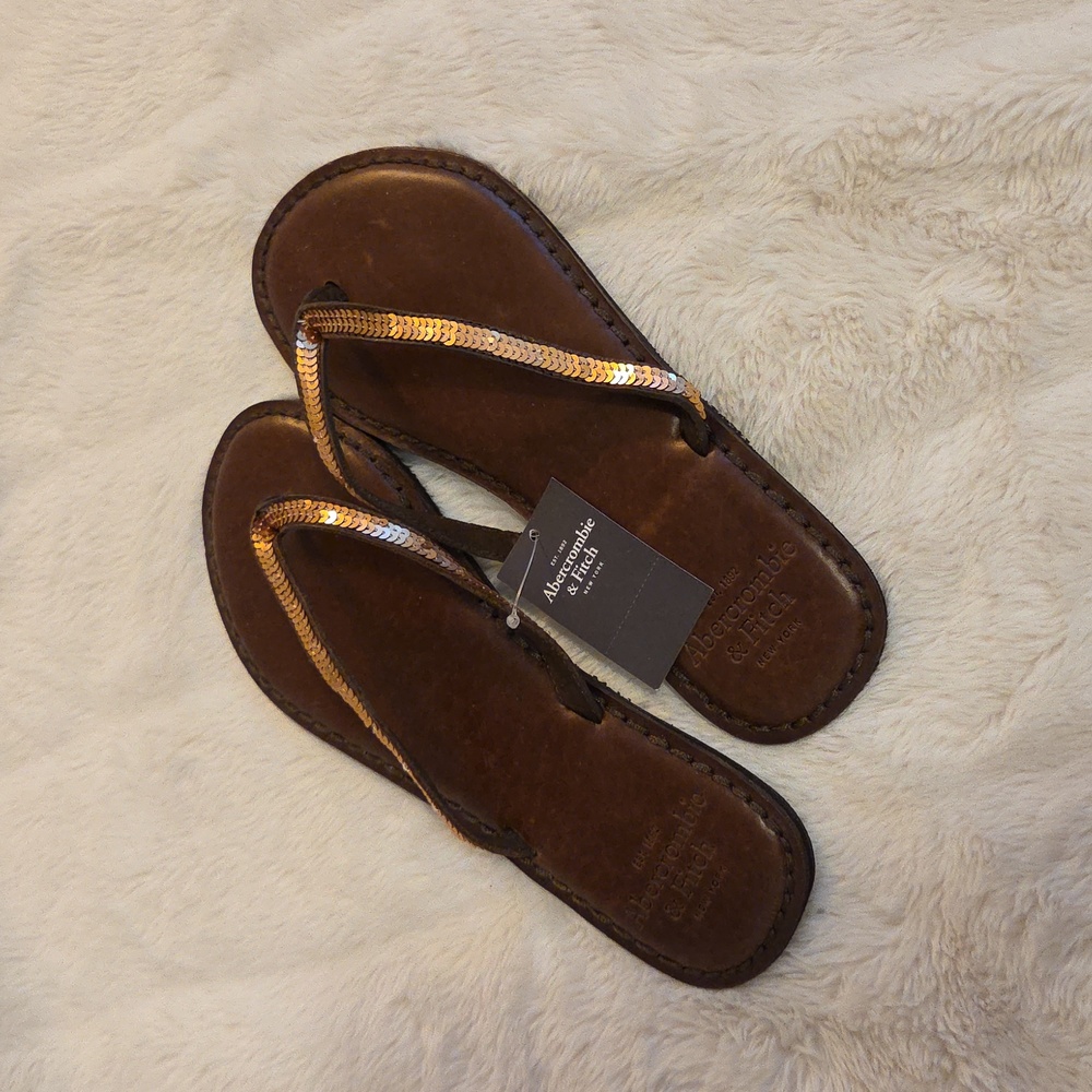 Abercrombie & Fitch Brown Sandals with Bronze Sequence Straps